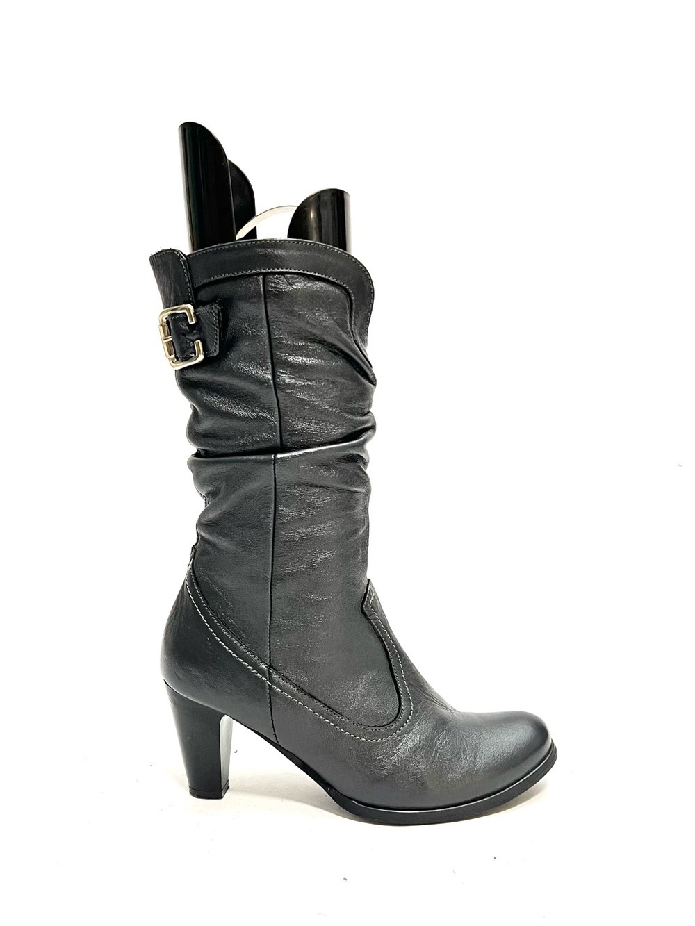 Vintage 1980s slate gray leather zip up heeled slouch boots